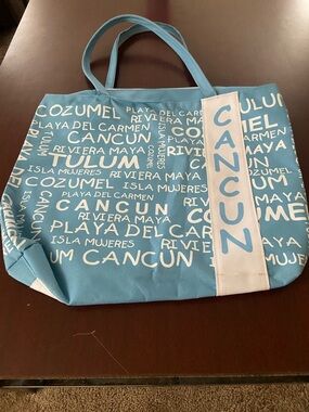 Cancun Blue Text Print Tote Bag
